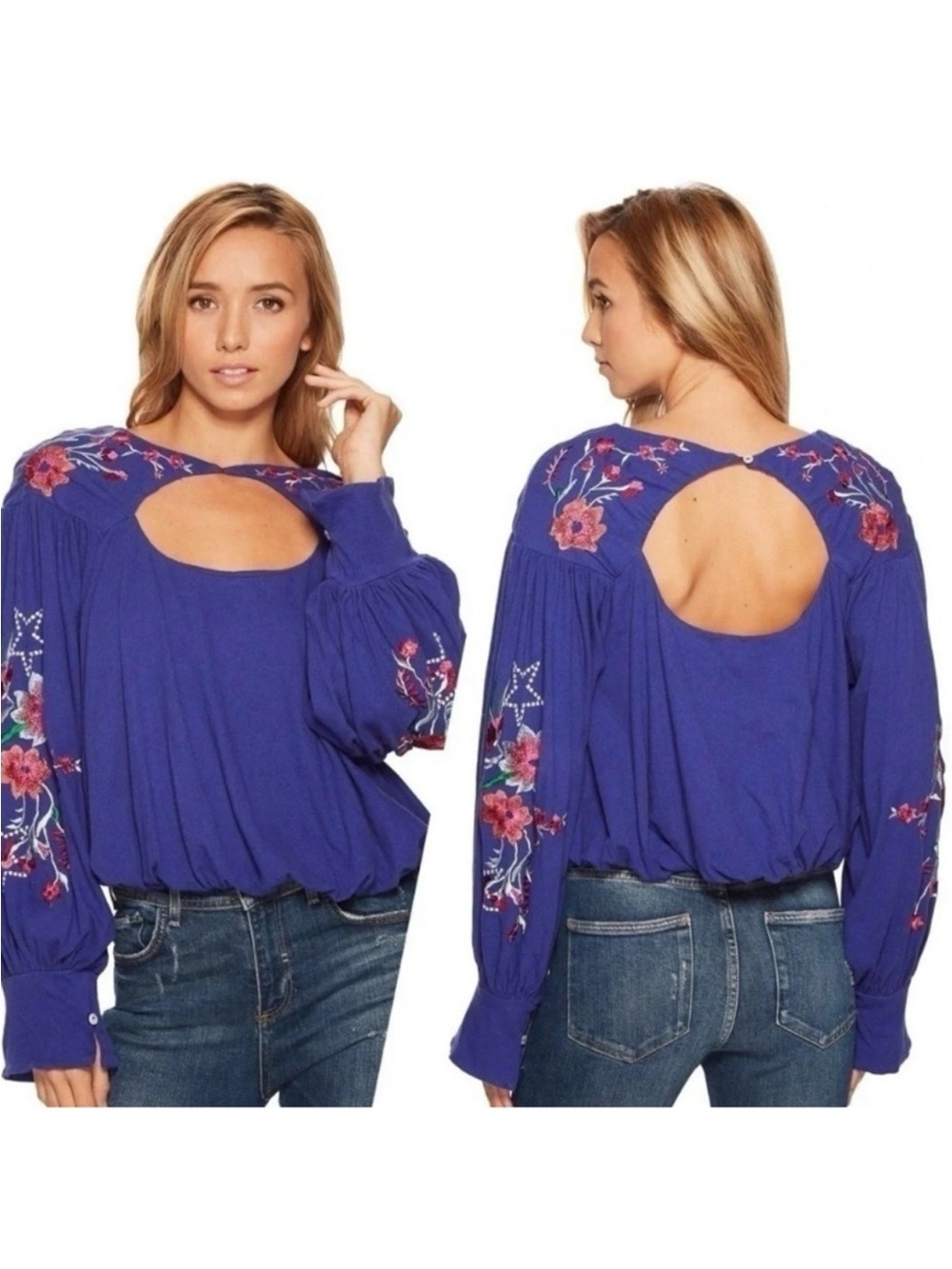 Free People Lita Floral Embroidered Cutout Peasant Blouse